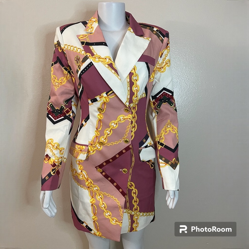 Pink yellow chain printed long sleeve double breasted blazer mini dress